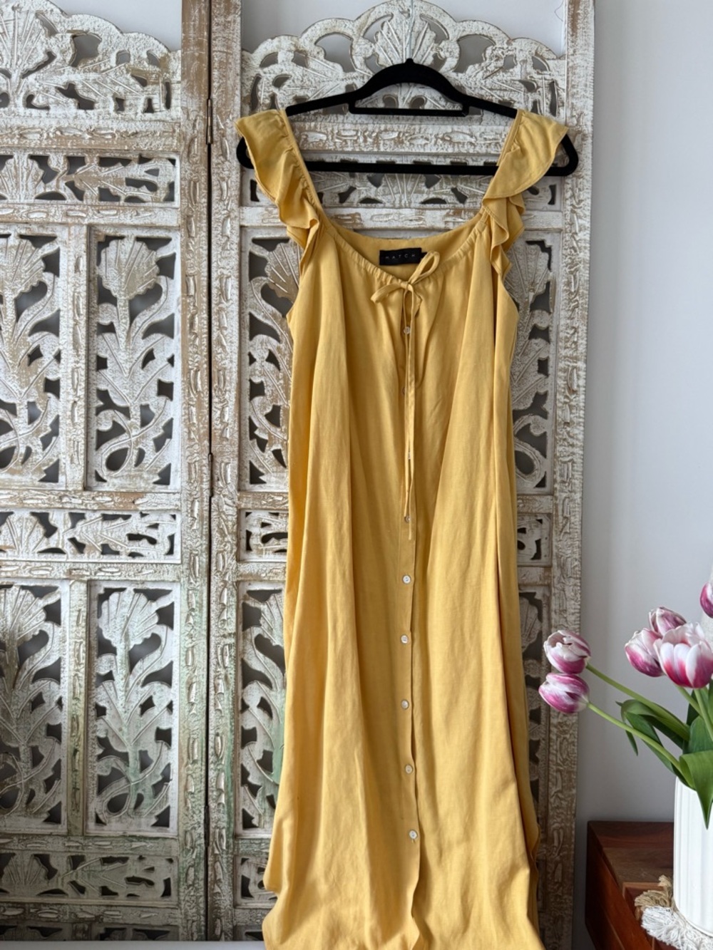 HATCH Maternity Yellow Ruffle Strap Button-Front Dress